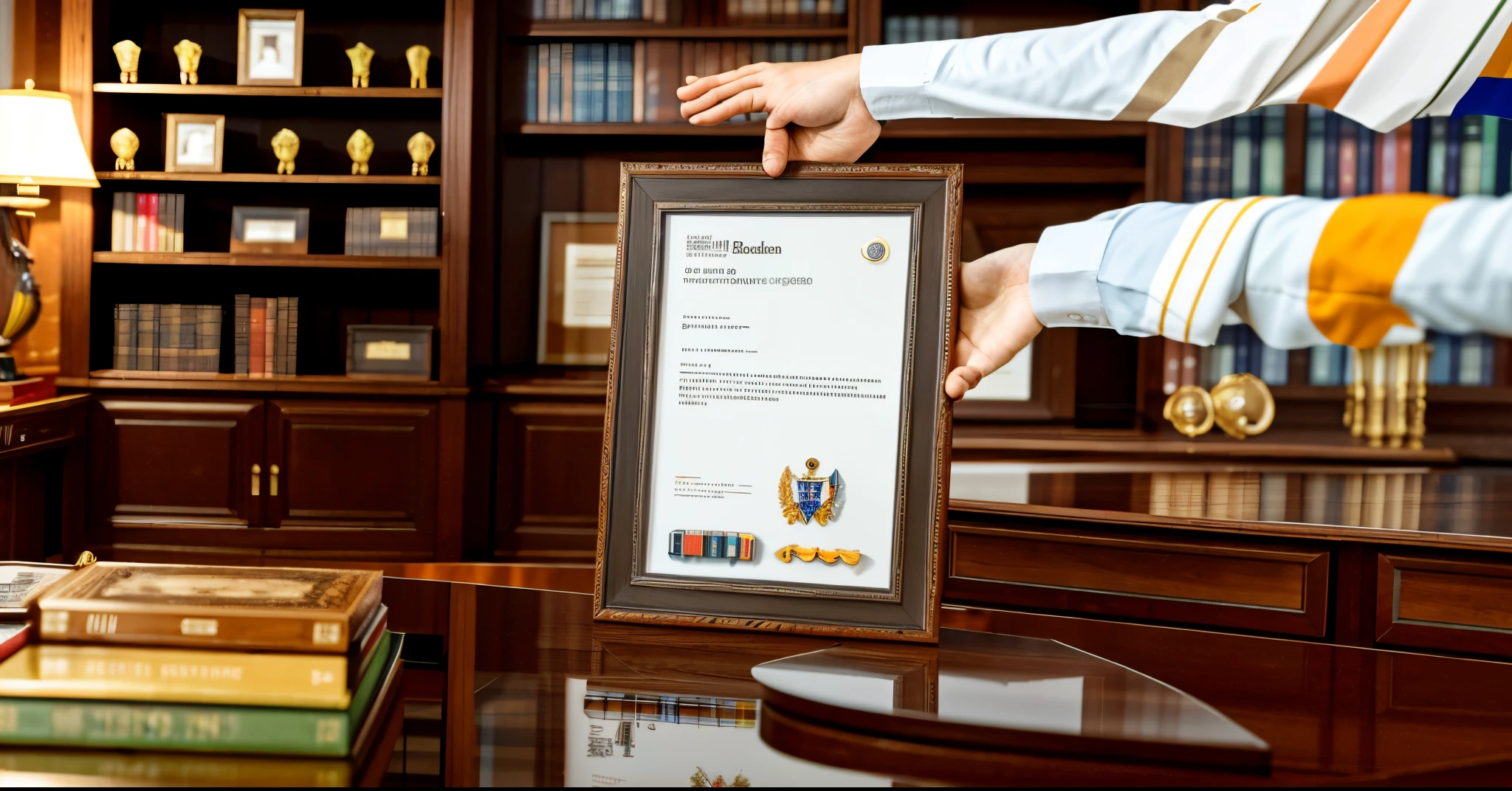 There  a display frame in the middle of the large bookshelf, surrounded by trophies, medals, trophies, indoor, warm, ultra-wide angle, 8K, HD, 4K, silicone on the table, positive perspective.