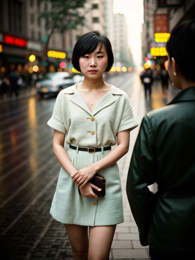 cinematic, Street Photography | extreme Full body Shot Accurate, Anatomically Correct, Textured Skin, 16K Super Detail, Pastel Colors photo cinematic still, documentary photography, editorial, national geographic photo, dramatic, cinematic light of one Asian Young : 20-29 years, Female Bob cut hairstyle, Makeup, in Candid Movement Pose, Beijing, China Street , Golden hour 1960 Vintage Colorization, High ISO Grain, Raindrop Bokeh, Tilt-Shift Effect Effect, in the style of Salgado