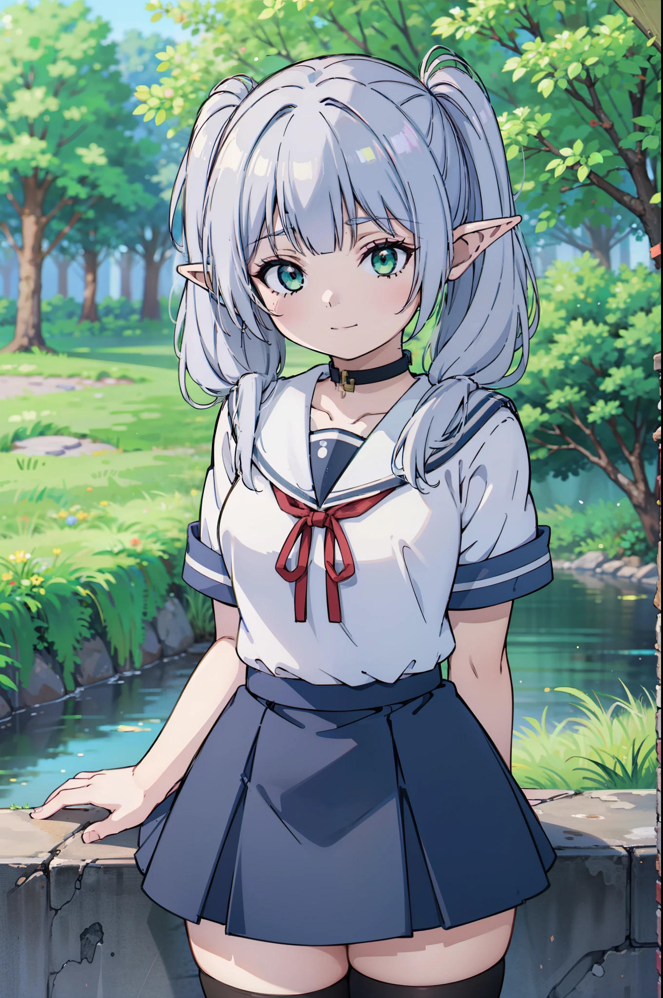 1girl, solo, frieren style, long hair, twintails, green eyes, beautiful eyes, grey hair, pointy ears, elf, serious, small smile, closed mouth, small breasts, modern schoolgirl, (sailor uniform, schoolgirl), school uniform, skirt, thighhighs, blue skirt, black thighhighs, depth of field, bokeh, (field scenery, blue flowers), trees, (close-up), cowboy shot, upper body, (arms behind back), masterpiece, best quality, 8k, absurdres