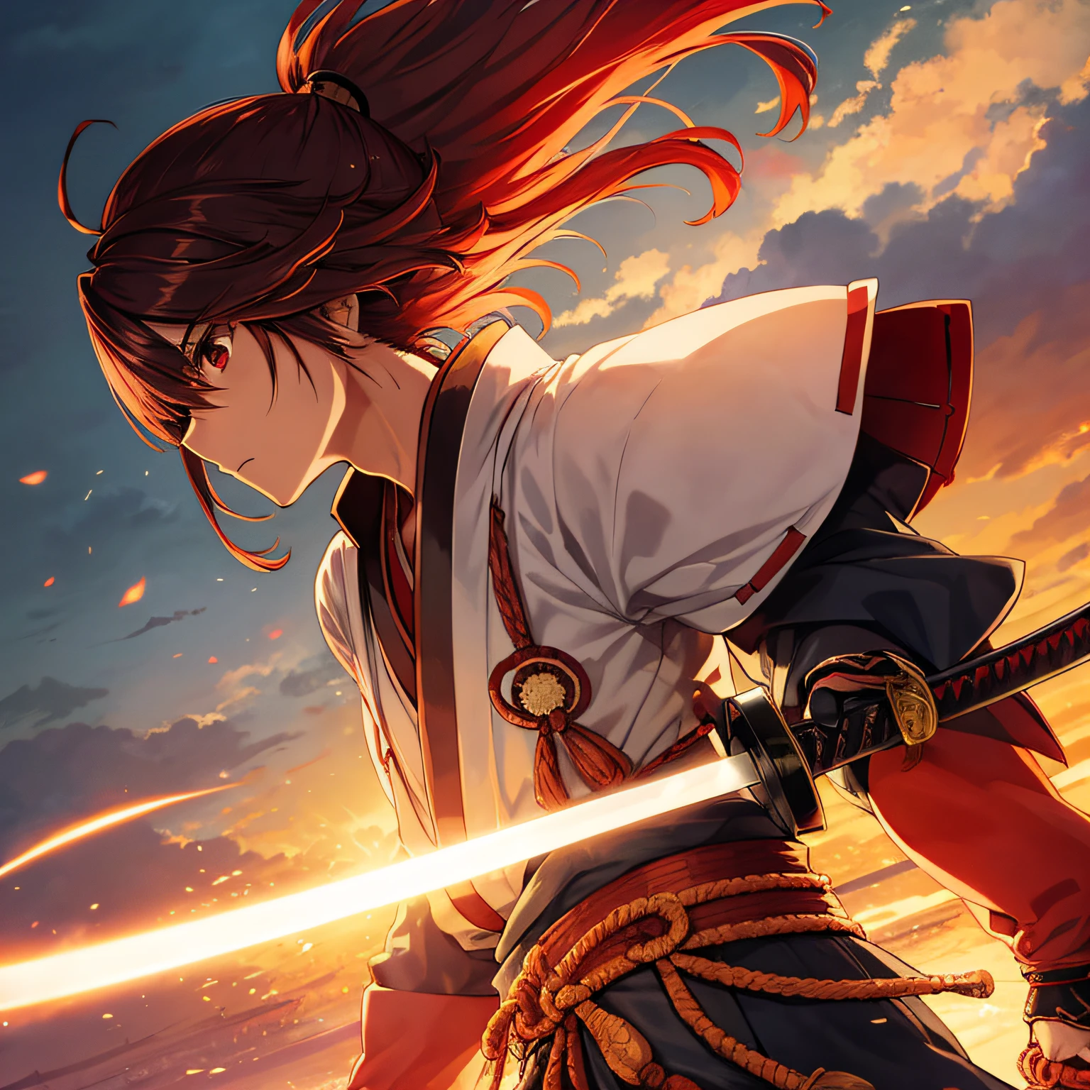 Horizonte de registro, Soujirou Seta, Kenshin Himura, Rurouni Kenshin, Samurai, Armadura antiga de samurai, Samurai Blindado Vermelho, armadura de ombro plana, Armadura japonesa, armadura vermelha, macho, manly, rabo-de-cavalo, Man, cabelos pretos, katana preta, arte detalhada do anime, levemente musculoso, personagem solo, Sashimono, personagem masculino