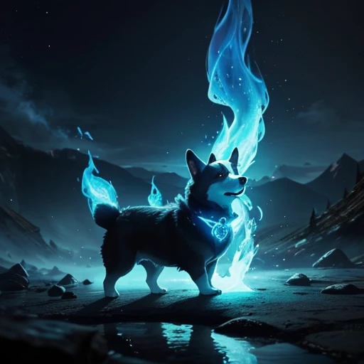 fantasy. A corgi created of darkness,
with eyes that glow. the air around it
seems ethereal. it stands in front of a
lake made of blue fire. evil.
bounding_box: [0, 0.667, 1, 1]