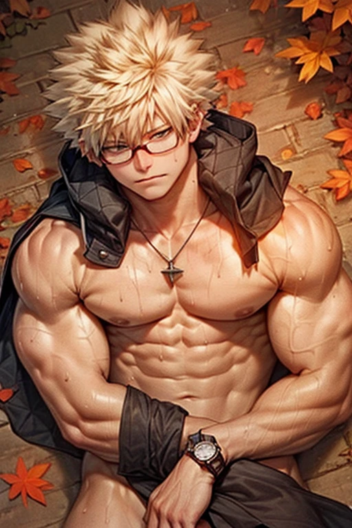 Muscular bakugou katsuki laying down on fallen leaves top view, relaxed expression, naked penis , muscular pecs and washboard abs, sweating heavily, wristwatch, necklace, autumn leaves on body, round tainted glasses, maroon scarf