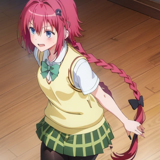 (masutepiece, Best Quality:1.2),Illustration,8K,hard disk,1girl in,Solo,Smile,Short_hair,long_hair,Blue_Eyes,hair_ornament detached,Bow,School_uniform,braid,Ahoge,Red_hair,bowtie,Green_Bow,Skirt,Shirt,very_long_hair,Short_sleeves,pleats_Skirt,shoes,pull cart,hair_bobbles,Green_Skirt,Sweaters_vests,lowfers,Black Pantyhose King