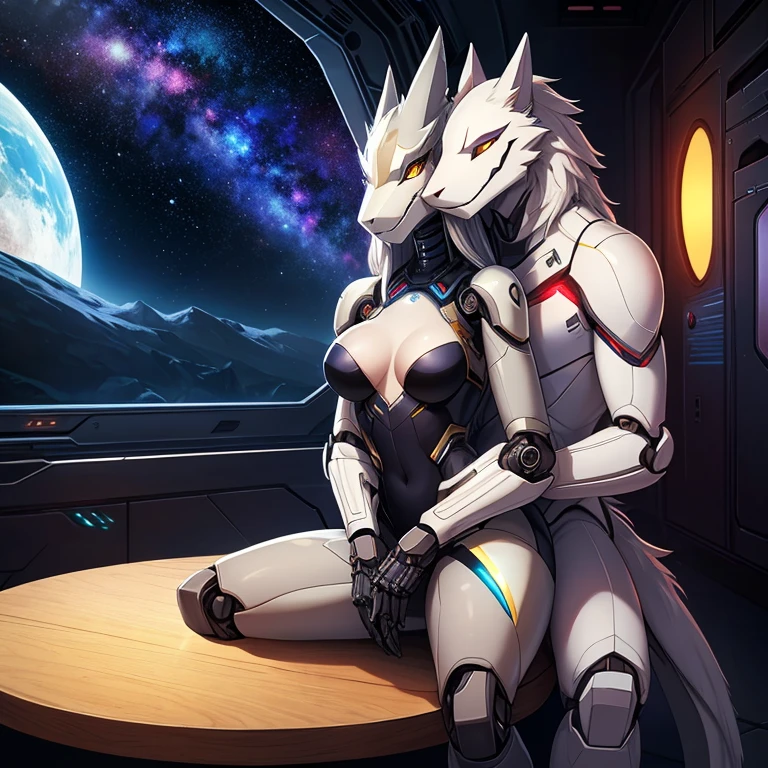 femaleon female , furry, anthro, sergal, android, metallic, robotic, shiny, short, small breasts, thin body, sitting down on lap, deep kissing girl, hugging, caressing, hallway, at table, science fiction, galaxy, stars, space ship, high quality, masterpiece,