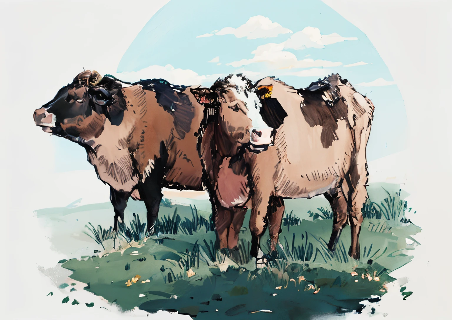 Picture of two angus cows in a field, Wagyu, Pen illustration, Pen and ink illustration, random cow, taur, author:Iver Davis, author:Jan Zrzavy, vignet, by Georgina Hunter, author:Einar Nelson, author:Karel Shtekh