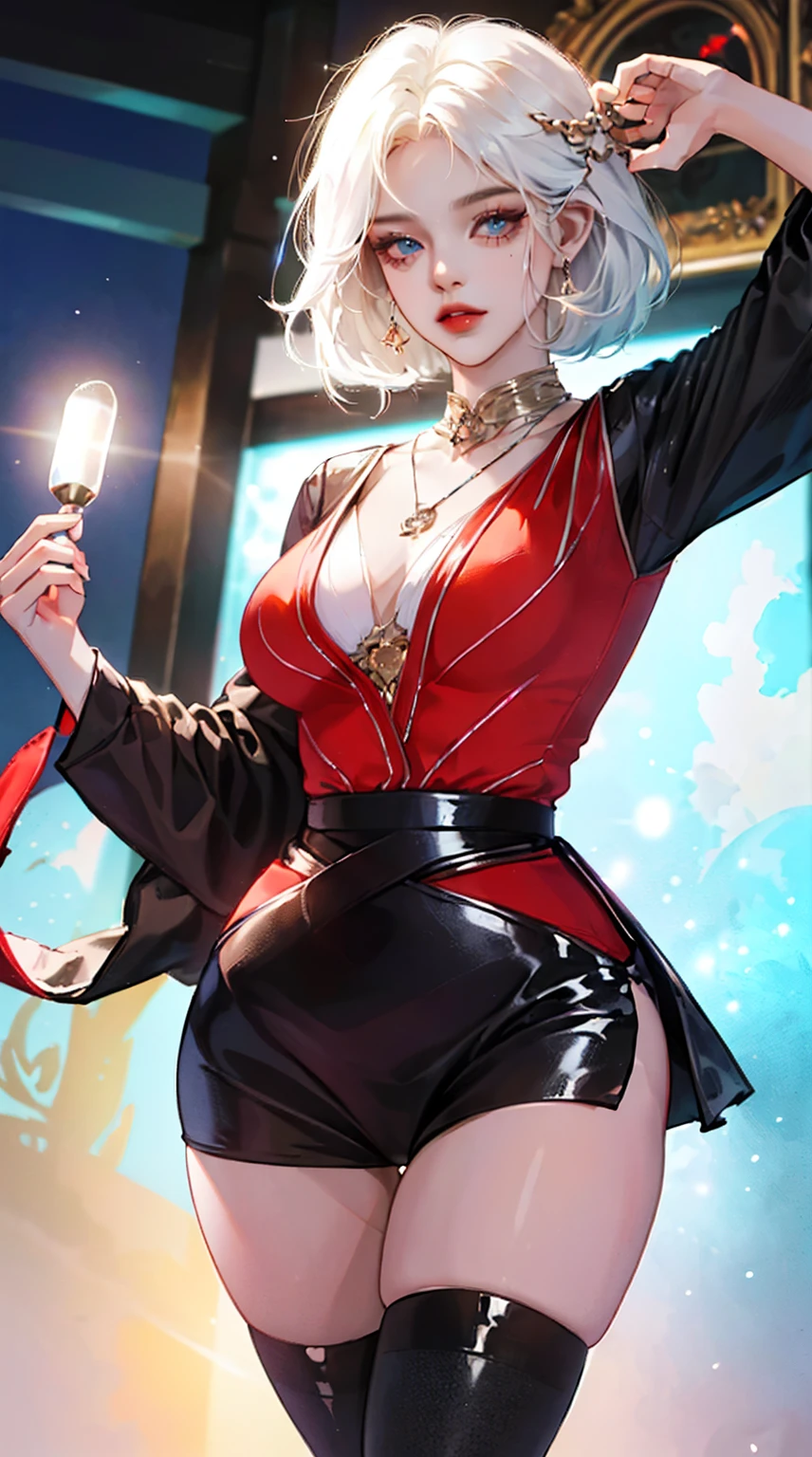 (best quality:1.2, absurdres,), (masterpiece:1.4), ultra detailed, 1girl, white hair, blue eyes, mature female ,fashi-girl , intricate details, beautiful girl, stunning looks, finely detailed eyes and detailed face, red lips, short shirt with black mini skirt with thigh highs and high heels, short hair, bangs, side locks, shiny skin, soft volumetric lighting, cinematic lighting, anatomically correct, full body, ((slim-thick, wide hips, slim waist, curvy figure, thigh gap, perfect body )), cameltoe, perfect anatomically correct hands , looking at viewer, dynamic pose, (artstation:1.2)