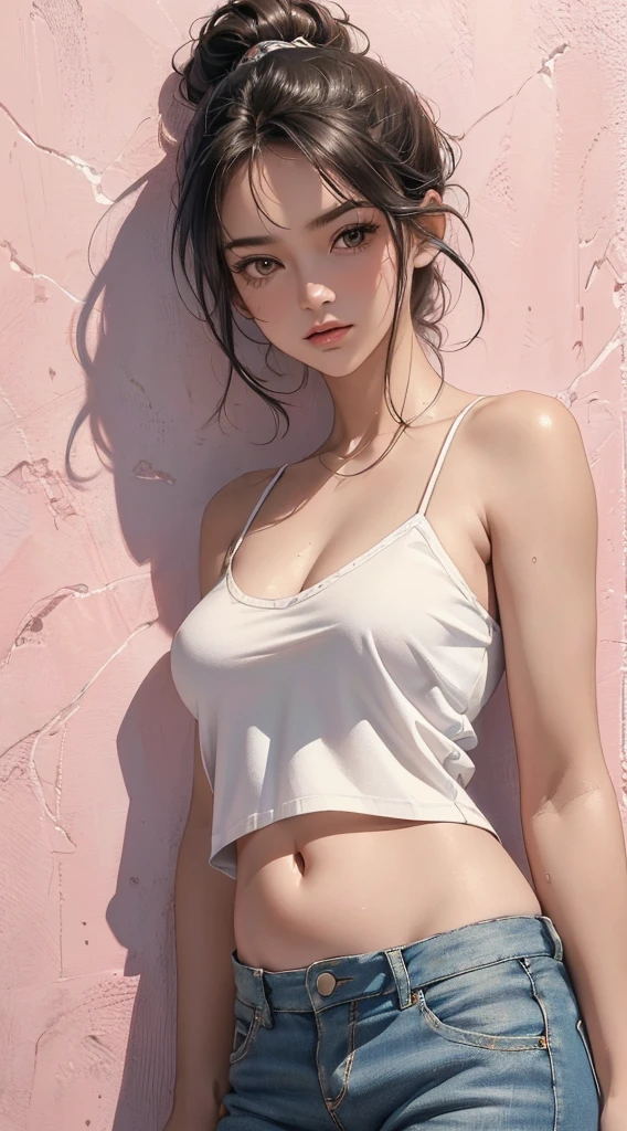(((8k wallpaper of extremely detailed CG unit:1.2, masterpiece, hight resolution:1.2, top-quality:1.2))), ((a very beautiful woman, Street fashion, Wearing a white camisole, Wearing denim hot pants:1.2)), ((extra detailed face, Highly detailed black eyes, extra detailed body, Top quality real texture skins)), (A dark-haired, length hair, de pele branca:1.2, Small, Exposed belly), (colorfully painted wall), (high-angle), hyper realisitic, digitial painting,