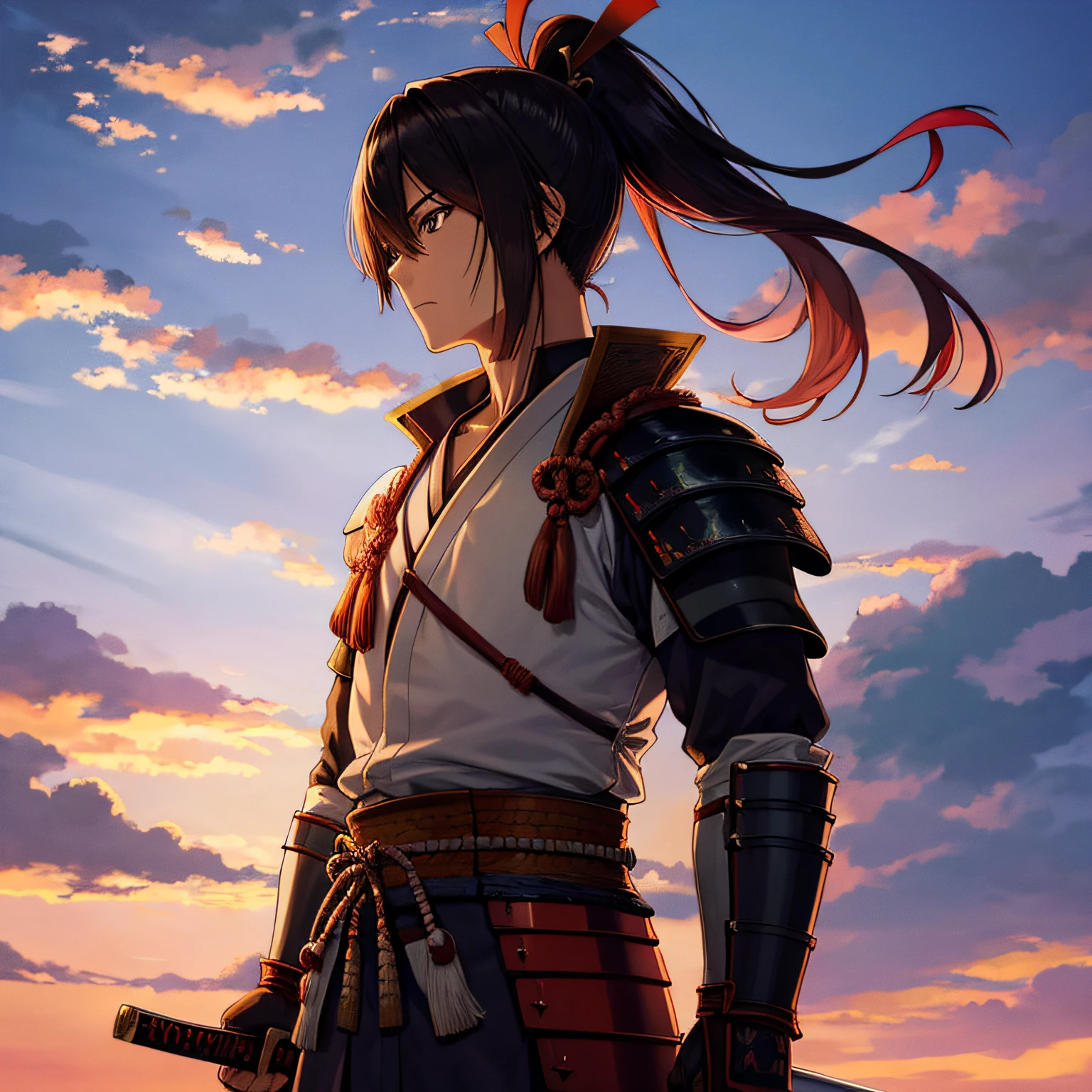 Horizonte de registro, Soujirou Seta, Kenshin Himura, Rurouni Kenshin, Samurai, Armadura antiga de samurai, Samurai Blindado Vermelho, armadura de ombro plana, Armadura japonesa, armadura vermelha, macho, manly, rabo-de-cavalo, Man, cabelos pretos, katana preta, arte detalhada do anime, levemente musculoso, personagem solo, Sashimono, personagem masculino