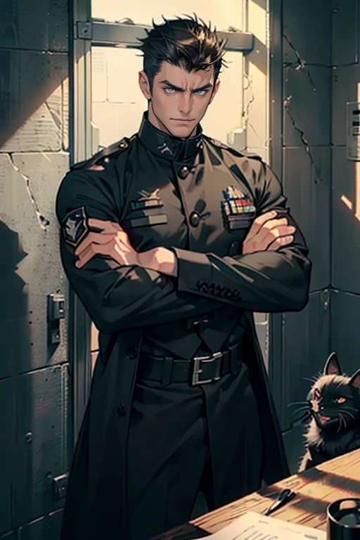 1 tough young man ,Tall and buff and strong,special operating, perfect male body,look at the camera , ((very short spiky stubby dark hair, light gray eye color)), (black tactical uniform, dark overcoat, Hold your arms, evil angry smile, prison cell, no facial hair)portrait,dramatic shadow,Ray tracing, Best quality, Cinematic lighting, Extremely detailed CG, 8K wallpaper,Complicated, (holding a black cat)