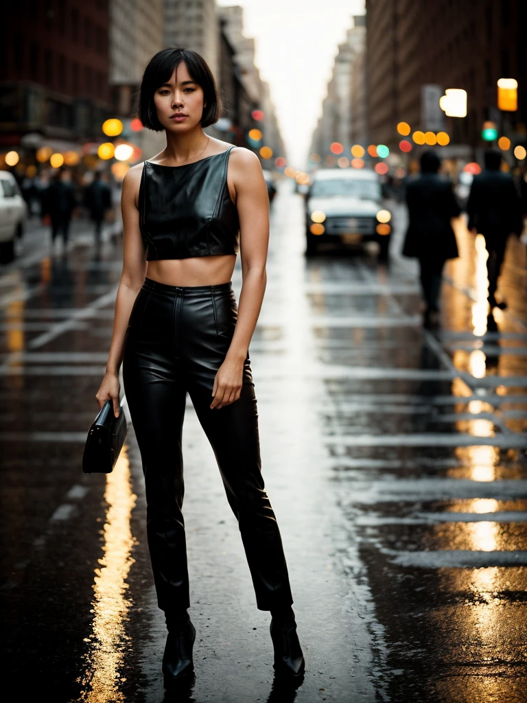 cinematic, Street Photography	|	extreme	Full body Shot	Accurate,	Anatomically Correct,	Textured Skin,	16K	Super Detail,	black and white	photo	cinematic still, documentary photography, editorial, national geographic photo, dramatic, cinematic light	of	one	Young : 20-29 years,	Female	Bob cut hairstyle,	Makeup,	dressed in leather, in	Candid Movement Pose,		New York	Street	,	Golden hour 	1970	Vintage Colorization,	High ISO Grain,	Raindrop Bokeh,	Tilt-Shift Effect Effect,	in the style of	Salgado