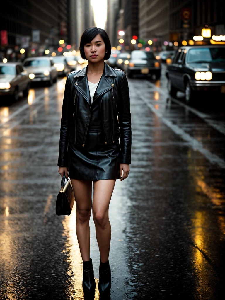 cinematic, Street Photography | extreme Full body Shot Accurate, Anatomically Correct, Textured Skin, 16K Super Detail, black and white photo cinematic still, documentary photography, editorial, national geographic photo, dramatic, cinematic light of one Young : 20-29 years, Female Bob cut hairstyle, Makeup, dressed in leather, in Candid Movement Pose, New York Street , Golden hour 1970 Vintage Colorization, High ISO Grain, Raindrop Bokeh, Tilt-Shift Effect Effect, in the style of Salgado