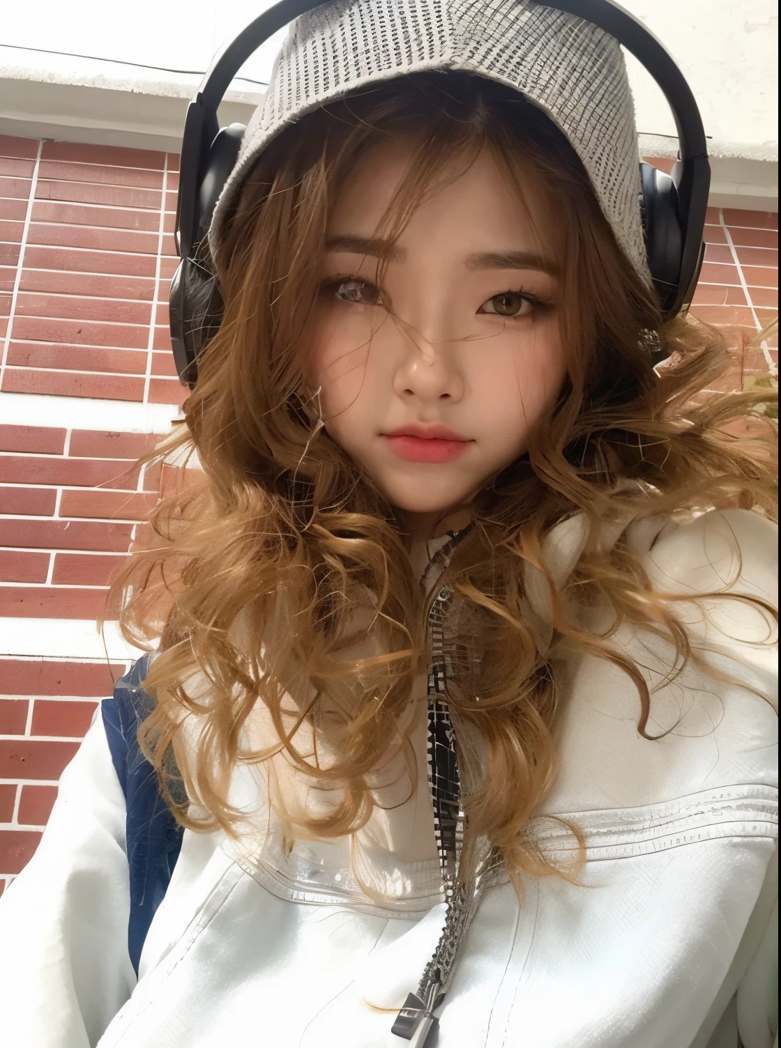 Coreana de cabelo cacheado ruivo, com sardas e olhos verdes, wearing a headset on his head and pouting