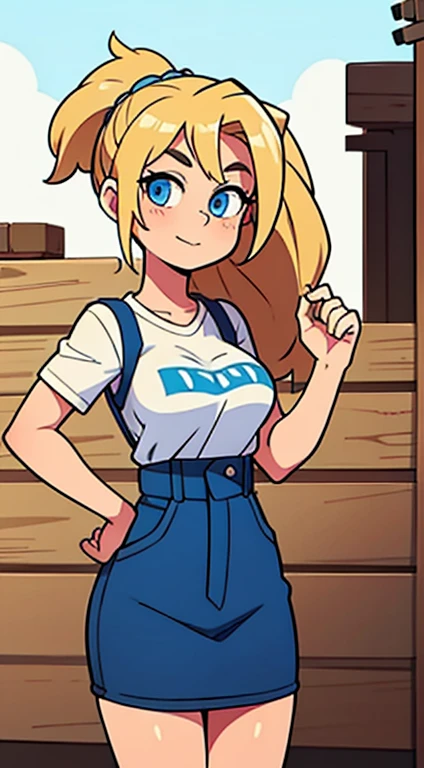 A tall girl medieval knight Sexy big breast cute knight long straight curly yellow hair her blue eye she wears blue sleeveless top shows navel and a long metallic black pants big thigh sexy brown boot 