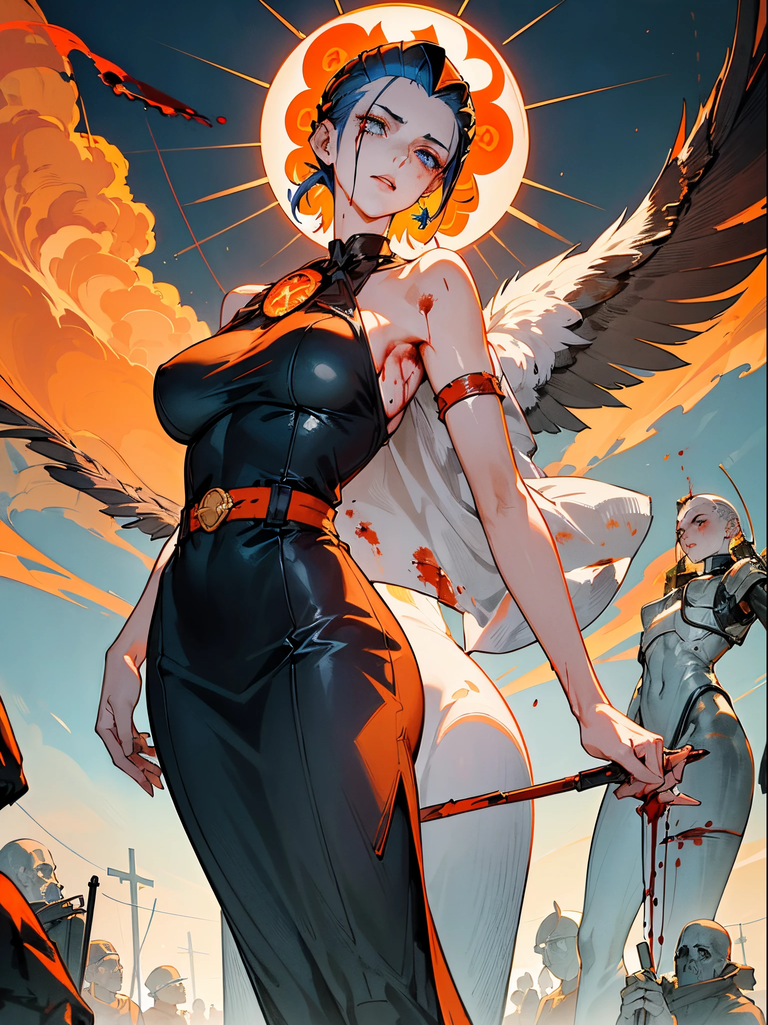 beautiful woman, (imposing figure, feeling of victory) dressed in Second World War soldier's clothing, ((shaved hair) orange) blue eyes with gray tones, tall, with a whip, smoke in the background ((smoke, ((( bodies of dead creatures ) blood) sun) darkened))