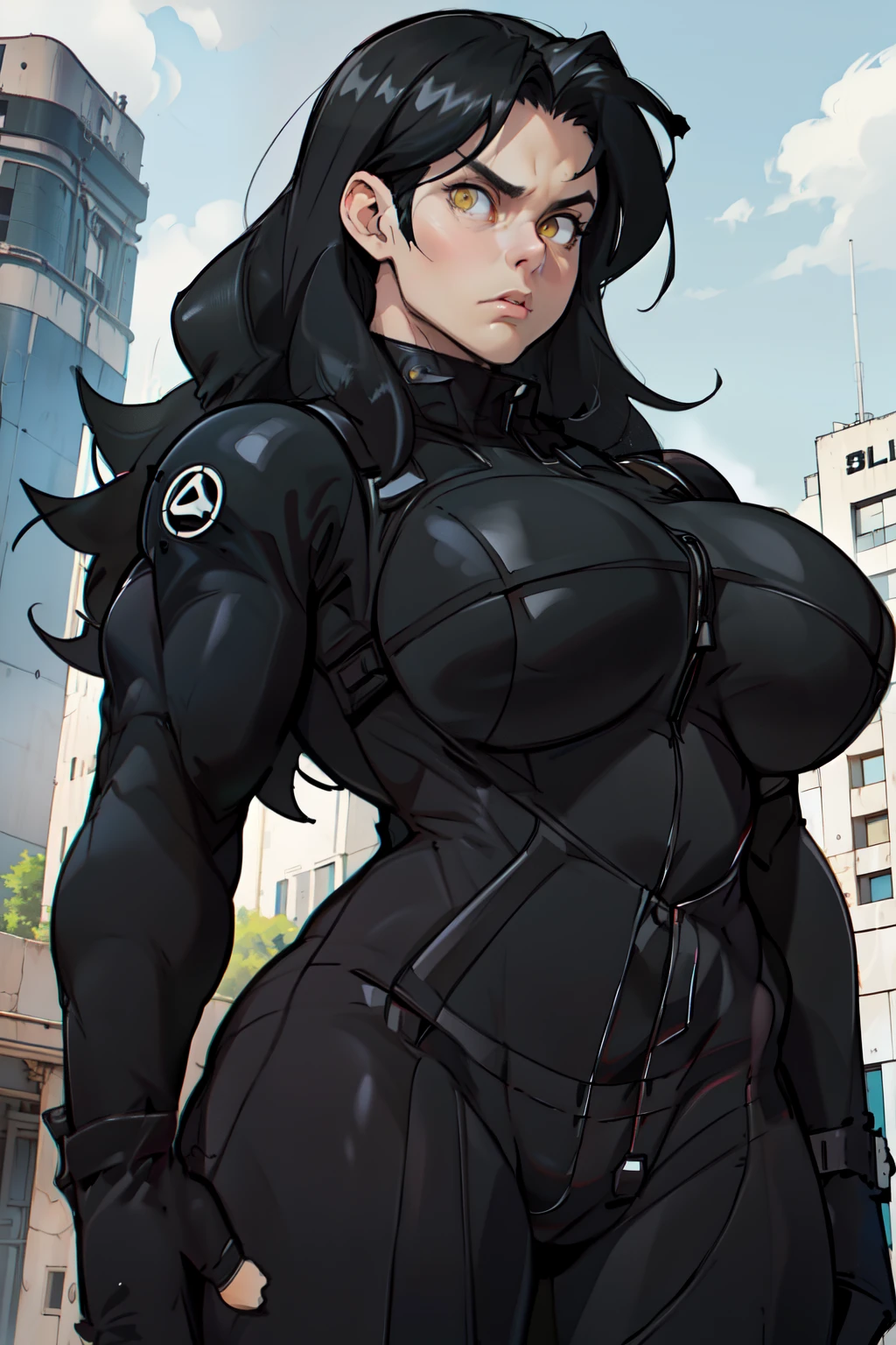 1girl frown (huge muscles huge breasts huge thighs black hair yellow eyes pale skin muscular muscular thick thick thick very long hair thick thick ((((black bodysuit)))) ((((black bodysuit))))