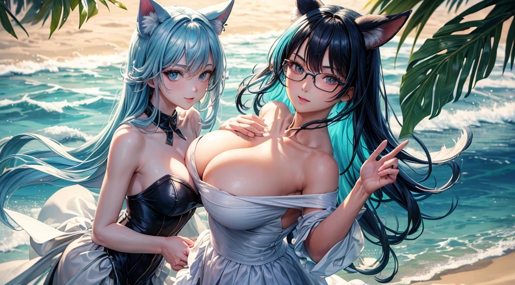 (masterpiece, best)), (1girl), (mature woman), Blue hair, open-chest seduction, flared, (kemonomimi lady), bangs, medium breasts, glasses lady, (full), slim, smile, [wide hips], standing, 8K picture quality, sexy seduction, (open-chest) (Sharp focus: 1.5), (sharp focus:1.2), (beautiful face:1.1), (eye makeup:1.2), (tight body:1.2), (flowery dress:1.2) (the beach:1.2). (morning sun lighting:1.2), ((Masterpiece)), (highest quality))), (Character design sheet, national costume, same character, front, side, back), (simple background, white background: 1.3) ( Masterpiece:1.2), (Best Quality:1.3) (best quality:1.1) realistic:1.37 long, flowing:1.1 luscious, plump:1.1 sparkling sequins:1.1 subtle, Teal:0.9 soft, warm:1.1 best quality,4k,8k,highres,masterpiece:1.2, realistic,photorealistic,photo-realistic:1.37, ultra-detailed:1.1 busty animal ears, beautiful, detailed ears:1.1 best quality, 4k, highres, masterpiece:1.2 detailed, piercing eyes:1.1 4k, 8k, highres, masterpiece:1.2 very three-dimensional: 1.2 (8k, best quality, masterpiece:1.2 ((masterpiece, best))