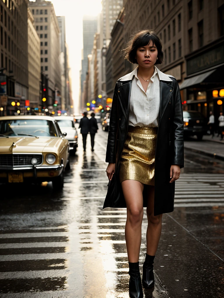 cinematic, Street Photography | extreme Full body Shot Accurate, Anatomically Correct, Textured Skin, 16K Super Detail, black and white photo cinematic still, documentary photography, editorial, national geographic photo, dramatic, cinematic light of one Young : 20-29 years, Female Bob cut hairstyle, Makeup, dressed in leather, in Candid Movement Pose, New York Street , Golden hour 1970 Vintage Colorization, High ISO Grain, Raindrop Bokeh, Tilt-Shift Effect Effect, in the style of Salgado