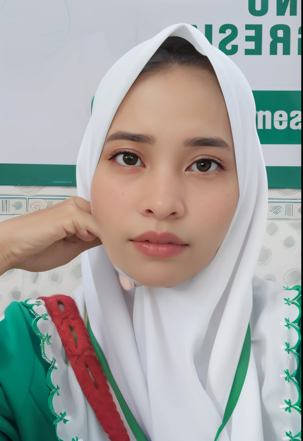 there a woman in a green and white outfit posing for a picture, close up potrait, face picture, potrait, protrait, with accurate face, face photo, full protrait, faridah malik, shot on nikon z9, beutiful face, old picture, semi realism, beuatiful face, clean face, picture, sakimi chan