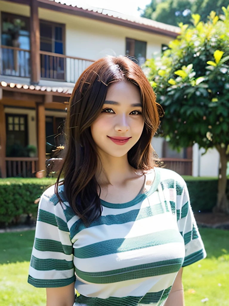 the street,Bust photo,Wear a striped short-sleeved shirt,with smile,Details at a glance,Colossal tits,Green field harmonious body example