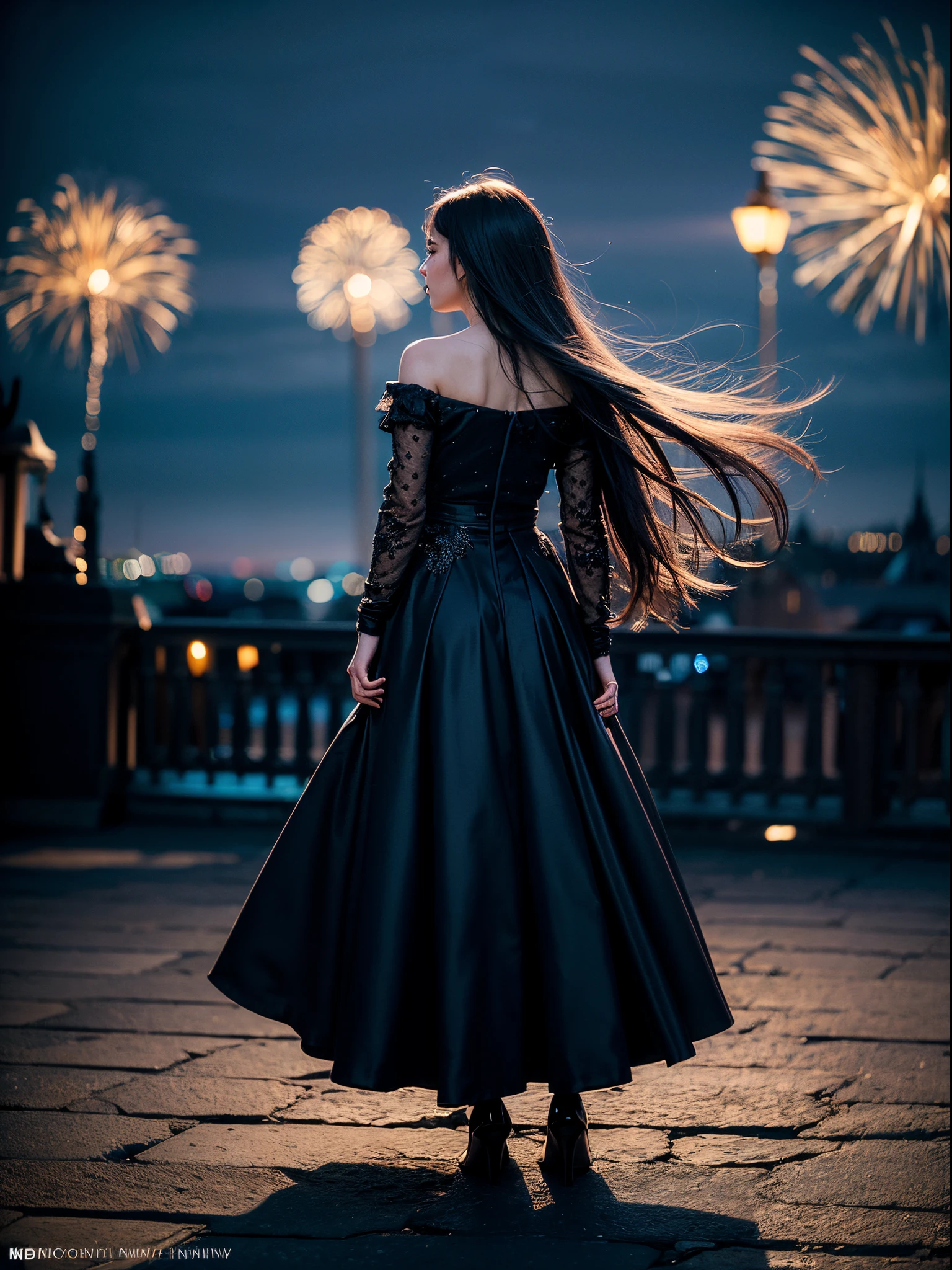 1girl, 20 years old, a beautiful girl ((looking at the night sky)), wearing an elegant and long dress, firework, a flame embroidered in the night sky, windy, (full body: 1.5), back to camera, prague, castle seen in the background, movie scene, cinematic light, blue lights, very dark scene, (anamorphic lens bokeh: 1.4), composition from below