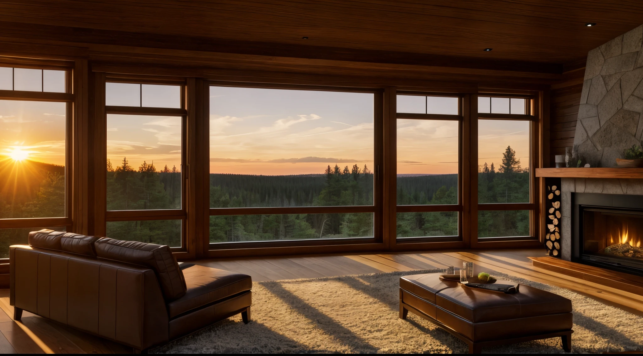Large cozy room with large windows overlooking the forest, in the corner of the room there is one fireplace, high resolution, fine details, the scene from afar, real, 8K, modern style, scene at sunset