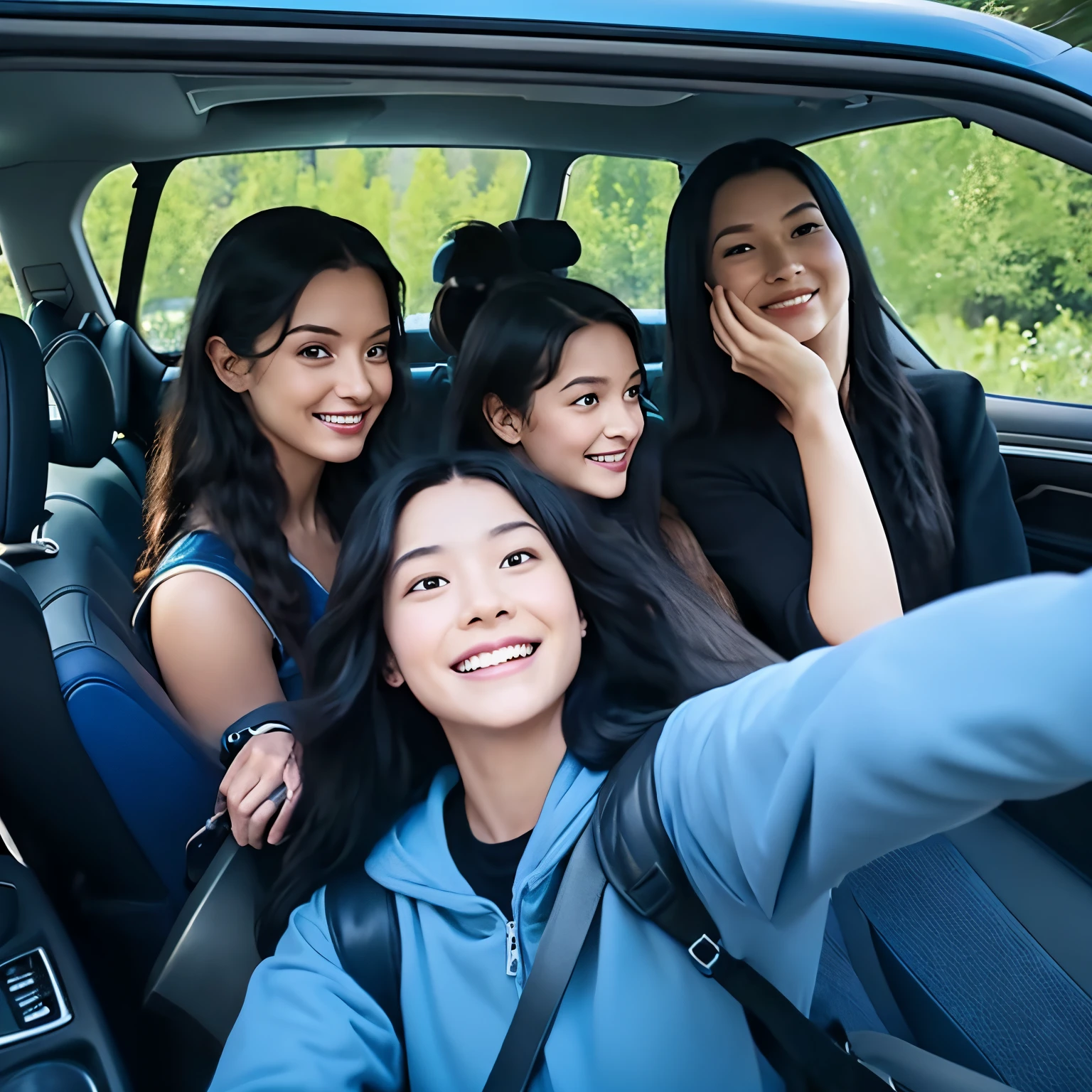 The girl on the right who is taking a selfie in the car in the Disney Pixar poster is wearing black clothes and has long black hair.。The girl in the middle has black hair and is wearing black clothes with her hands on her face.。The girl on the left has black hair and is wearing a blue jacket.。