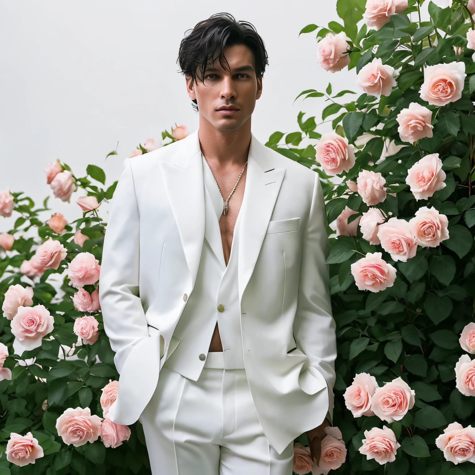 man surrounded by roses、twinks、white suit