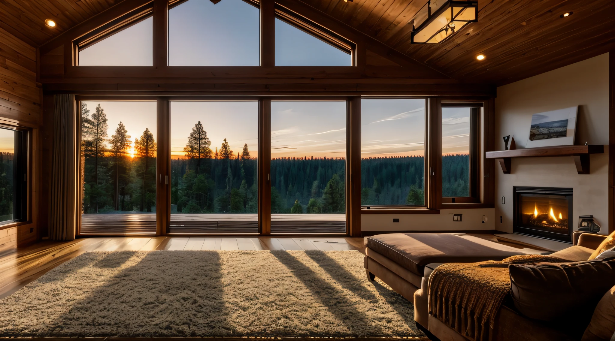 Large cozy room with large windows overlooking the forest, in the corner of the room there is one fireplace, high resolution, fine details, the scene from afar, real, 8K, modern style, scene at sunset