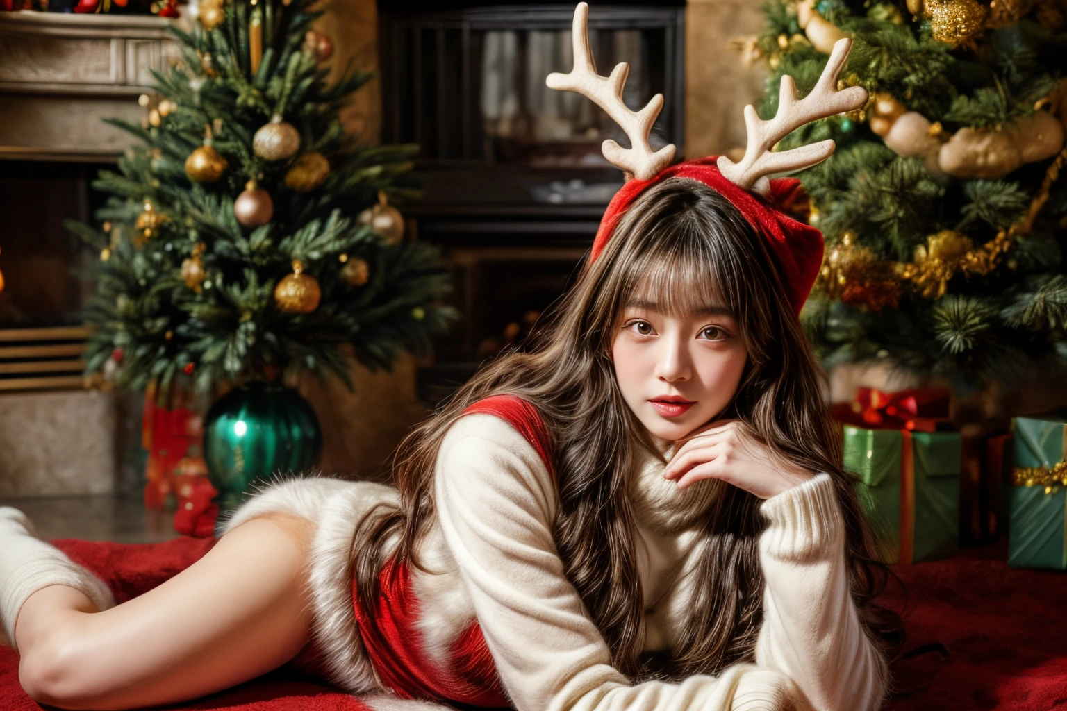 ​masterpiece、8K、32K、top-quality、(A detailed eye)、(A cute Japanese woman、bangss)、23years old、1 girl in、elegent、(Detailed background depiction、portlate:1.2)、(Christmas tree:1.3)、By the fireplace、(Reindeer Costume:1.2)、(illuminations:1.3)、Lie down、beauty legs、Wear socks、