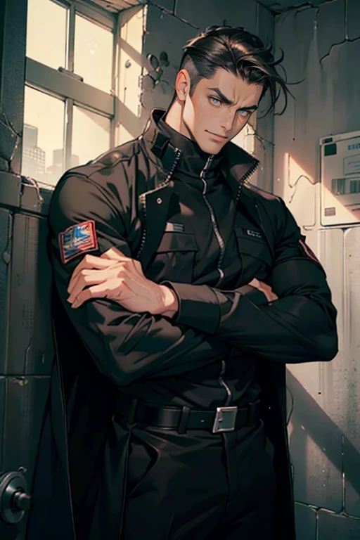1 tough young man ,Tall and buff and strong,special operating, perfect male body,look at the camera , (((very super short) spiky stubby dark hair, light gray eye color)), (black tactical uniform, dark overcoat, Hold your arms, evil angry smile, prison cell, no facial hair)portrait,dramatic shadow,Ray tracing, Best quality, Cinematic lighting, Extremely detailed CG, 8K wallpaper,Complicated, (holding a black cat)