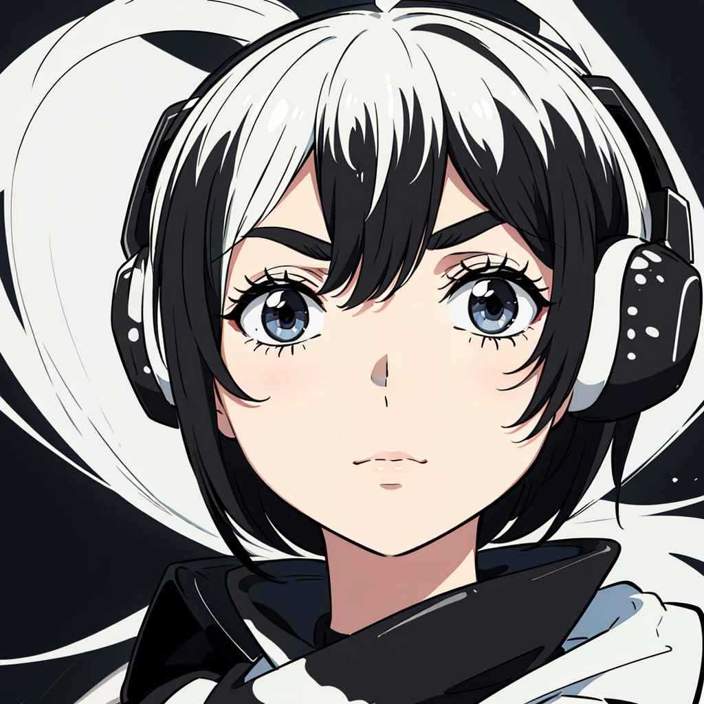 A nonchalant expression, Black and white, disheveled fringe, Moderately messy hair, Appearance, Black and white,Black and white painting,white backgrounid,Lateral face,over-ear headphones, Large earmuffs,Relaxed eyebrows calmly close your eyes