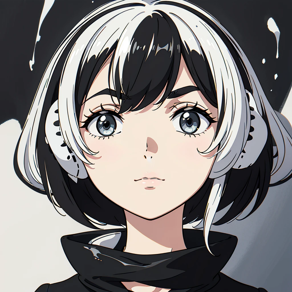 A nonchalant expression, Black and white, disheveled fringe, Moderately messy hair, Appearance, Black and white,Black and white painting,white backgrounid,Lateral face,over-ear headphones, Large earmuffs,Relaxed eyebrows calmly close your eyes