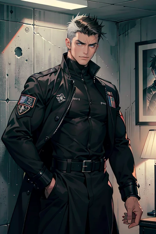 1 tough young man ,Tall and buff and strong,special operating, perfect male body,look at the camera , (((very super short) spiky stubby dark hair, light gray eye color)), (black tactical uniform, dark overcoat, Hold your arms, evil angry smile, prison cell, no facial hair, holding a black cat)portrait,dramatic shadow,Ray tracing, Best quality, Cinematic lighting, Extremely detailed CG, 8K wallpaper,Complicated
