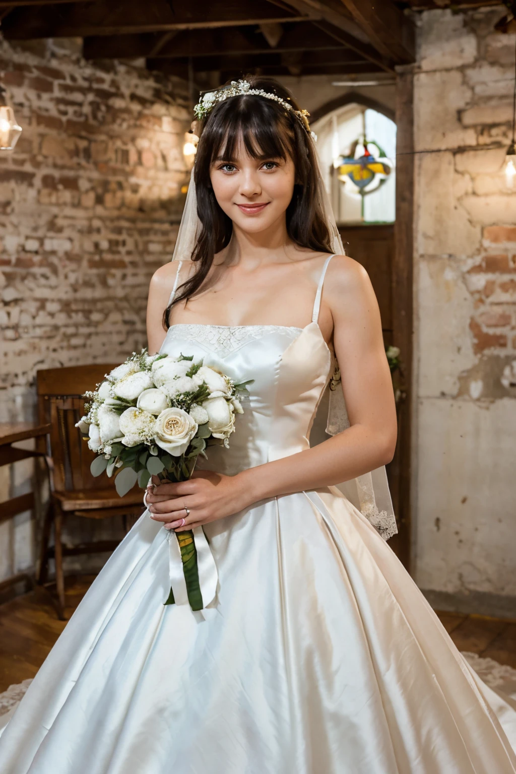 (woman in her 30s) ((1950s wedding dress)) (slender body) (thin body), (black hair Shaggy Cut) (hair bangs) (blue eyes) (white skin) happy expression. full body, western face, ((Location: church)) long hair Shaggy cut, beautiful perfect body, big eyes. ((1950)) (smiling face) standing, day. (old church, country town)(classic church)(yellow lights, warm lights)((white wedding dress, bouquet of flowers))((standing))(front view)(looking at the viewer)