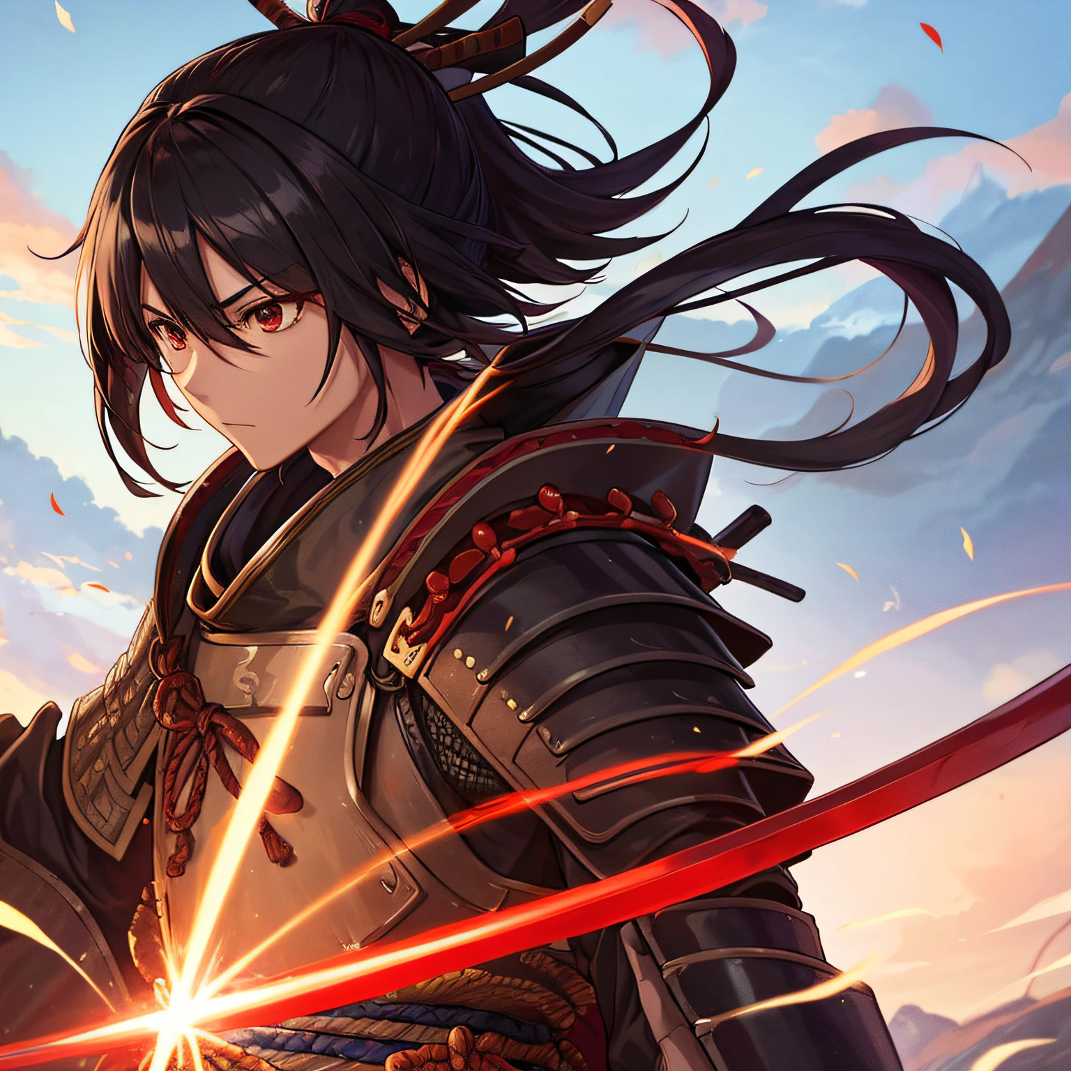 Horizonte de registro, Soujirou Seta, Kenshin Himura, Rurouni Kenshin, Samurai, Armadura antiga de samurai, Samurai Blindado Vermelho, armadura de ombro plana, Armadura japonesa, armadura vermelha, macho, manly, rabo-de-cavalo, Man, cabelos pretos, katana preta, arte detalhada do anime, levemente musculoso, personagem solo, Sashimono, personagem masculino