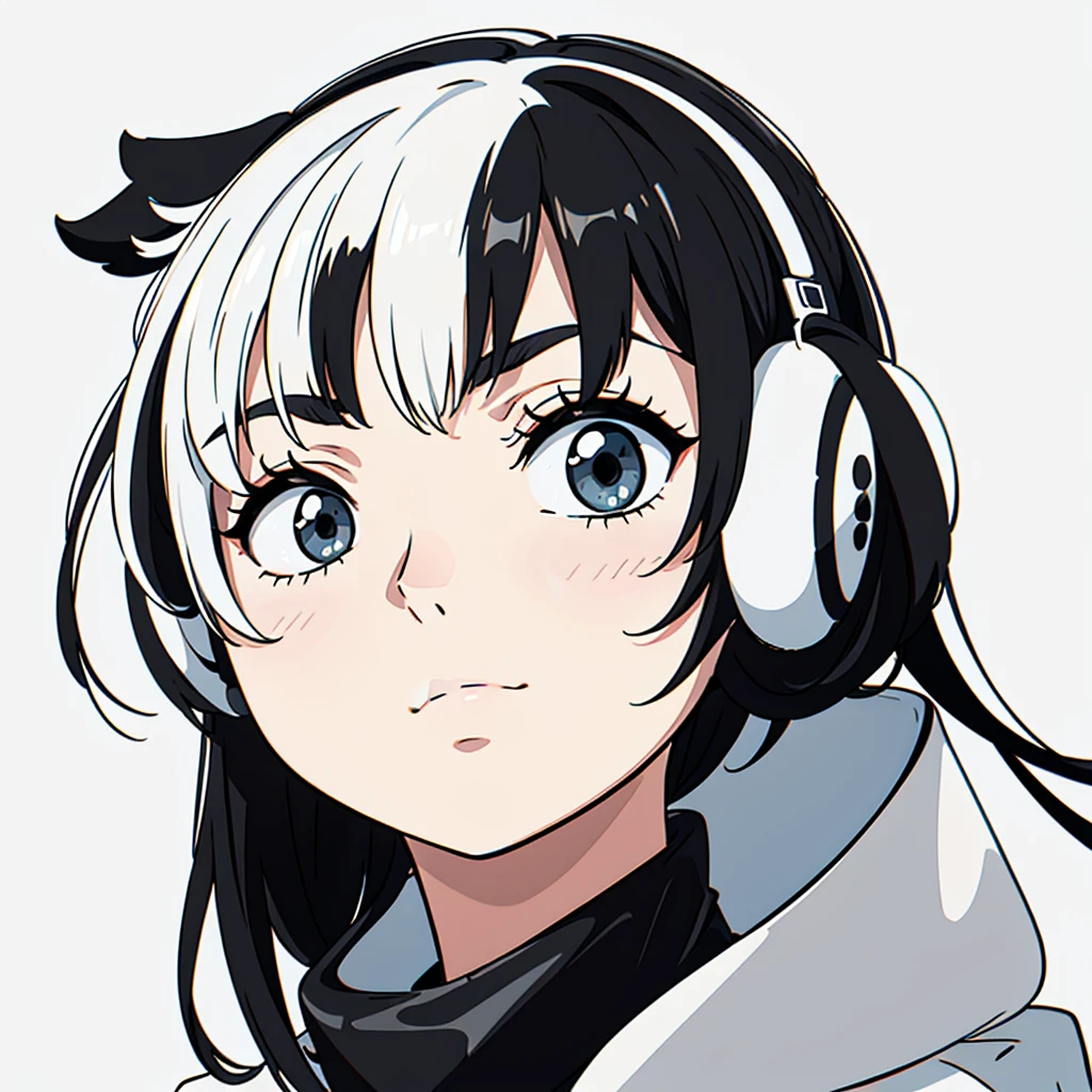 A nonchalant expression, Black and white, disheveled fringe, Moderately messy hair, Appearance, Black and white,Black and white painting,white backgrounid,Lateral face,over-ear headphones, Large earmuffs,Relaxed eyebrows calmly close your eyes,Plain white background