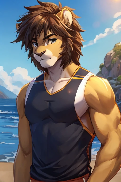 A young lion, 18 years old, with an athletic body, looking like a teenager