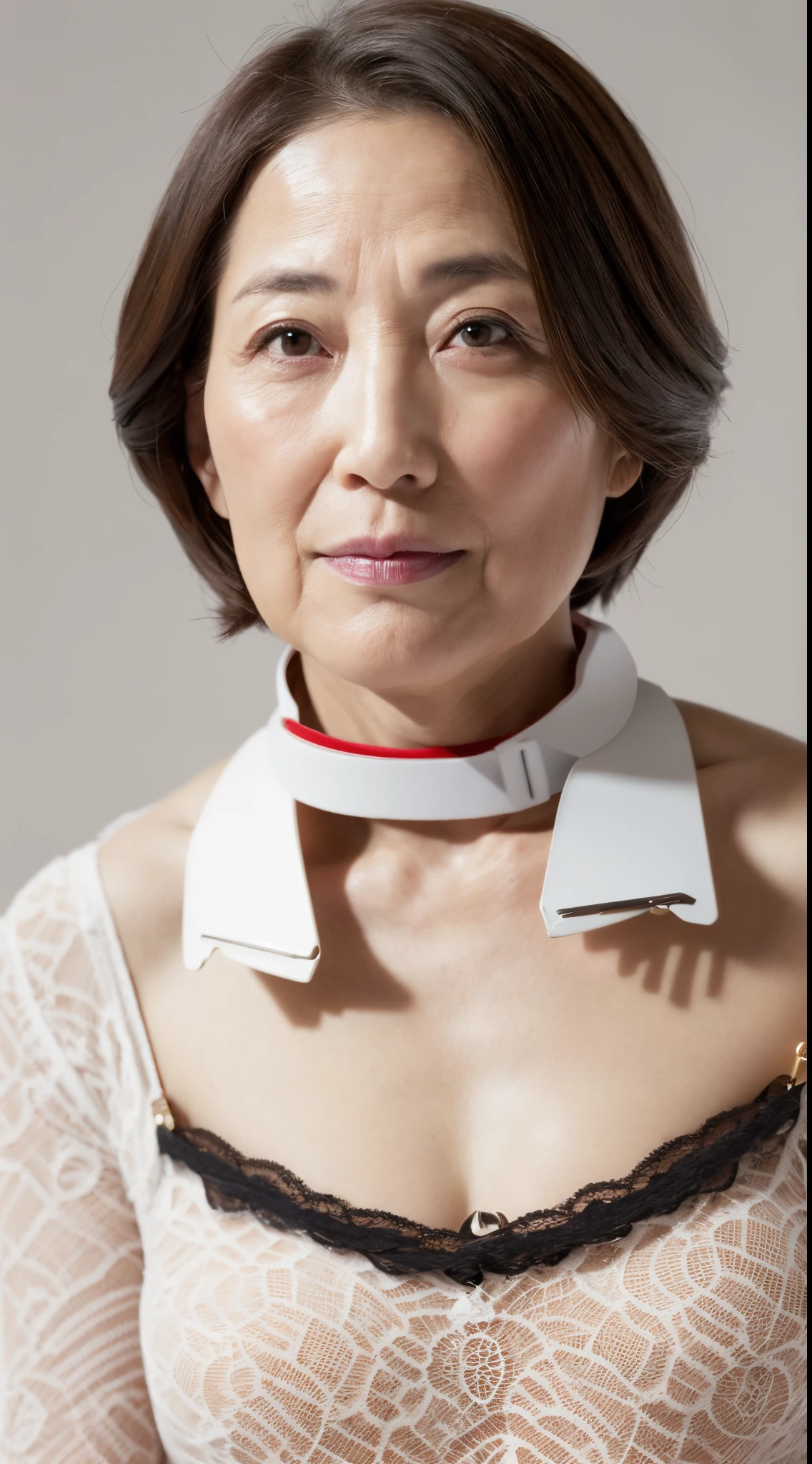 Remove Background, gravure, facing front, ((Wearing a collar)), Fancy makeup, up of face, masutepiece, Best Quality, Ultra-detailed, Photorealistic, super detailed skin, Perfect Anatomy, (1 japanese mature woman), (Solo), 95 years old, Large breasts, Mature Woman Politician, glamor, A sexy, Chromo-white skin, Looking at Viewer,