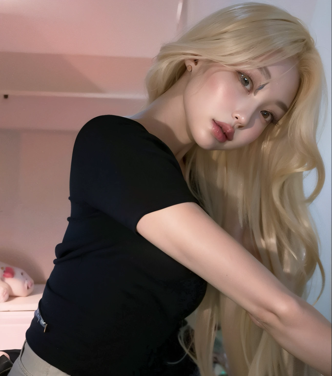Mulher loira com cabelo longo posando em um top preto e jeans, ava max, com longos cabelos loiros, com longos cabelos brancos, coreana, com cabelos longos brancos, Parque Roseanne do Blackpink, Ulzzang, o cabelo dela branco, extremely pale blond hair, Mulher sul-coreana bonita, very very pale blond hair, com cabelos longos, longos cabelos loiros e olhos grandes