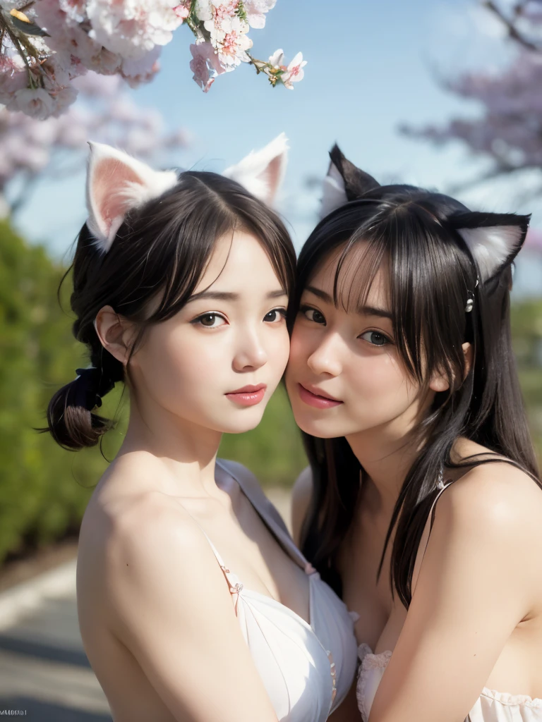 naked,((2girl:1.2)),(two beautiful Akihabara girls with cat ear:1.3),yuri,lesbian,kissing each other,(no makeup),((cute round face)),((realistic)),under cherry tree blossum,highschool student,Kawaii,hair tied up,bright pale skin,((baby face)),childish look,matt skin,(smiling),no makeup,ultra cute, transparent eyes, adorable charm, elegance,photorealistic, transparent air, (best quality:1.0), (ultra highres:1.0) ,(photo realistic:1.0), (ultra detailed:1.0), (8k RAW photo:1.1),photographed by professional photographers using the highest quality equipment