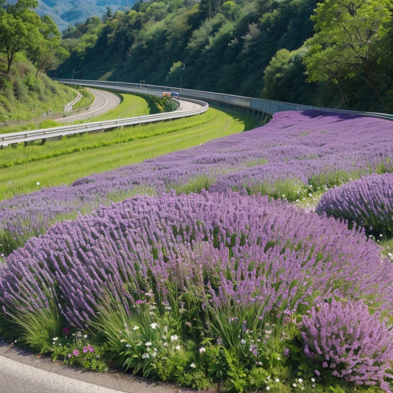 Highway slope protection greening flowers mixed with purple color