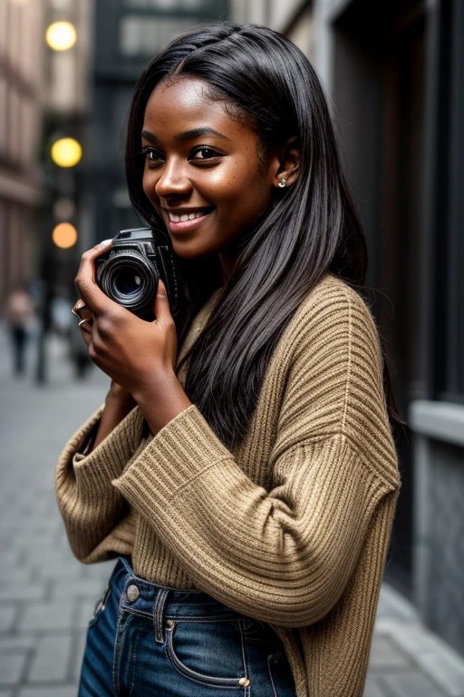 ((attractive brown skin,girl with dimples)),((Warm smile and dimples)),((wearing black clothes)),((Posing with camera))she is a photographer((hyper realisitc))((Perfect short African hair))((girl with dimples))A charming girl,She is petite,She is taking a picture of someone((hyper realisitc))tmasterpiece,Female photographer,exteriors,XT3 particles,tmasterpiece,hyper realisitc。textures true to reality,