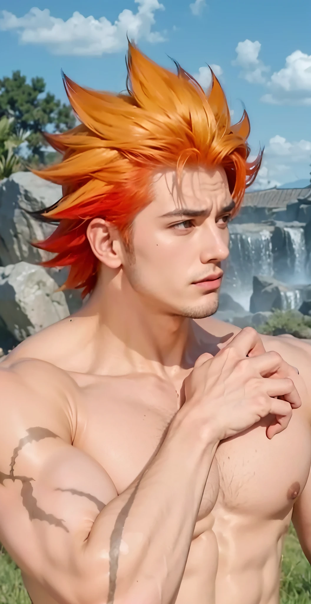 Real life adaption of this character , handsome face, same spiky hair, muscular man body,(realistic same outfit),realistic scenery background , realistic light, realistic shadow, realism, hyper realistic,(photorealistic:1.2), normal small eyes