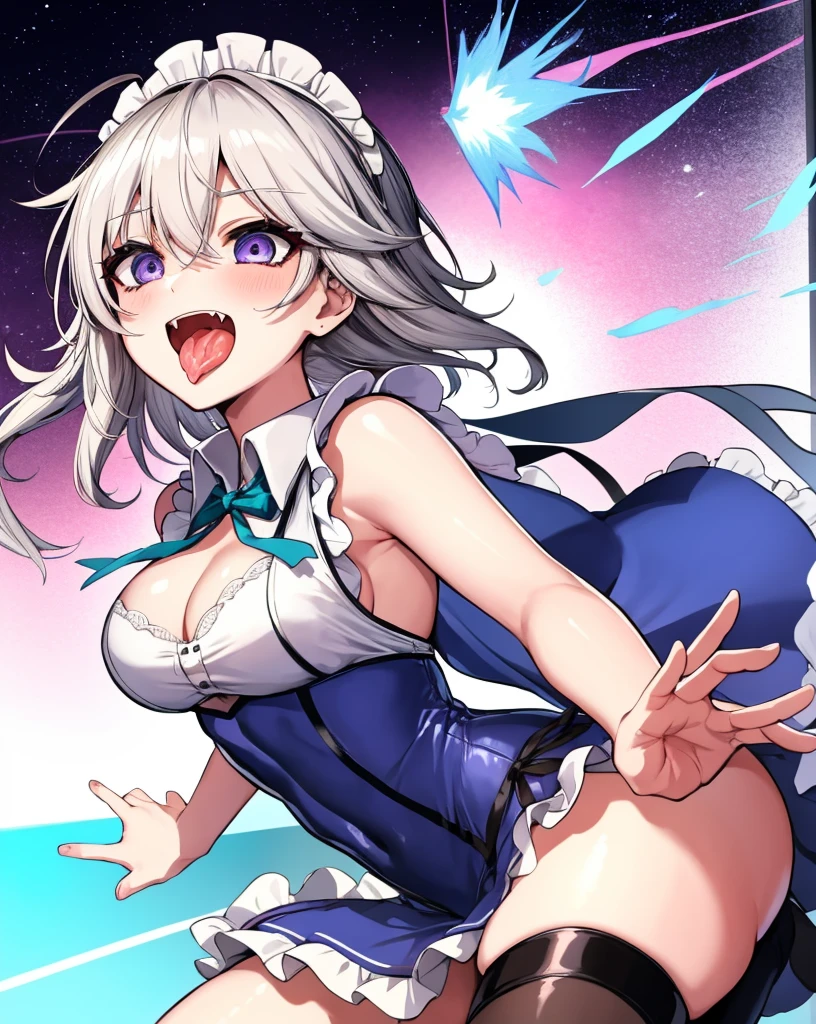 1girl, izayoi sakuya,  taut clothes, :d, excited, horny, aroused, ahegao, small breasts, BEReaction,