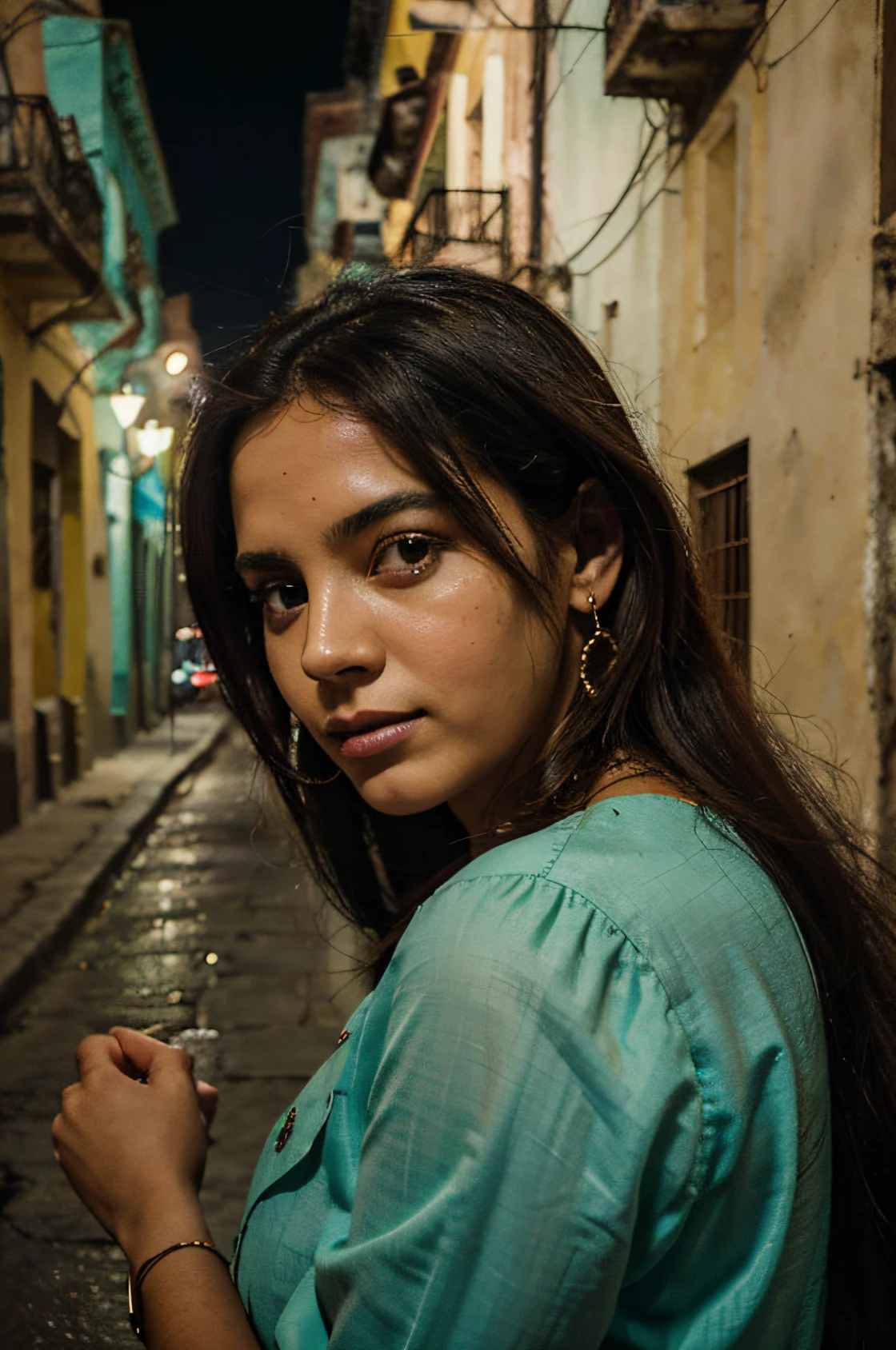una despampanante mujer cubana, su personalidad recuerda el encanto atemporal de La Habana, sus ojos llenos de historias de color verde claro, wisdom with a touch of mischief, labios ricos y rojos que reflejan la vitalidad de la cultura cubana, cabello tan oscuro y fluido como el cielo nocturno cubano, vistiendo un traje tradicional cubano, sus colores vivos, as if they reflected the very spirit of Cuba, environment that surrounds an amalgam of symbolic street scenes of Cuba, Coches antiguos, Edificios coloridos, celeste