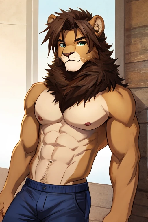 (masterpiece, 4K, ultra detailed), cougar furry, masculine, shirtless, handsome, athletic, blush, smile, eight-pack, illustration, smooth colors, front view, closed eyes, anime teen, light brown pubic hair, blue jeans, white background