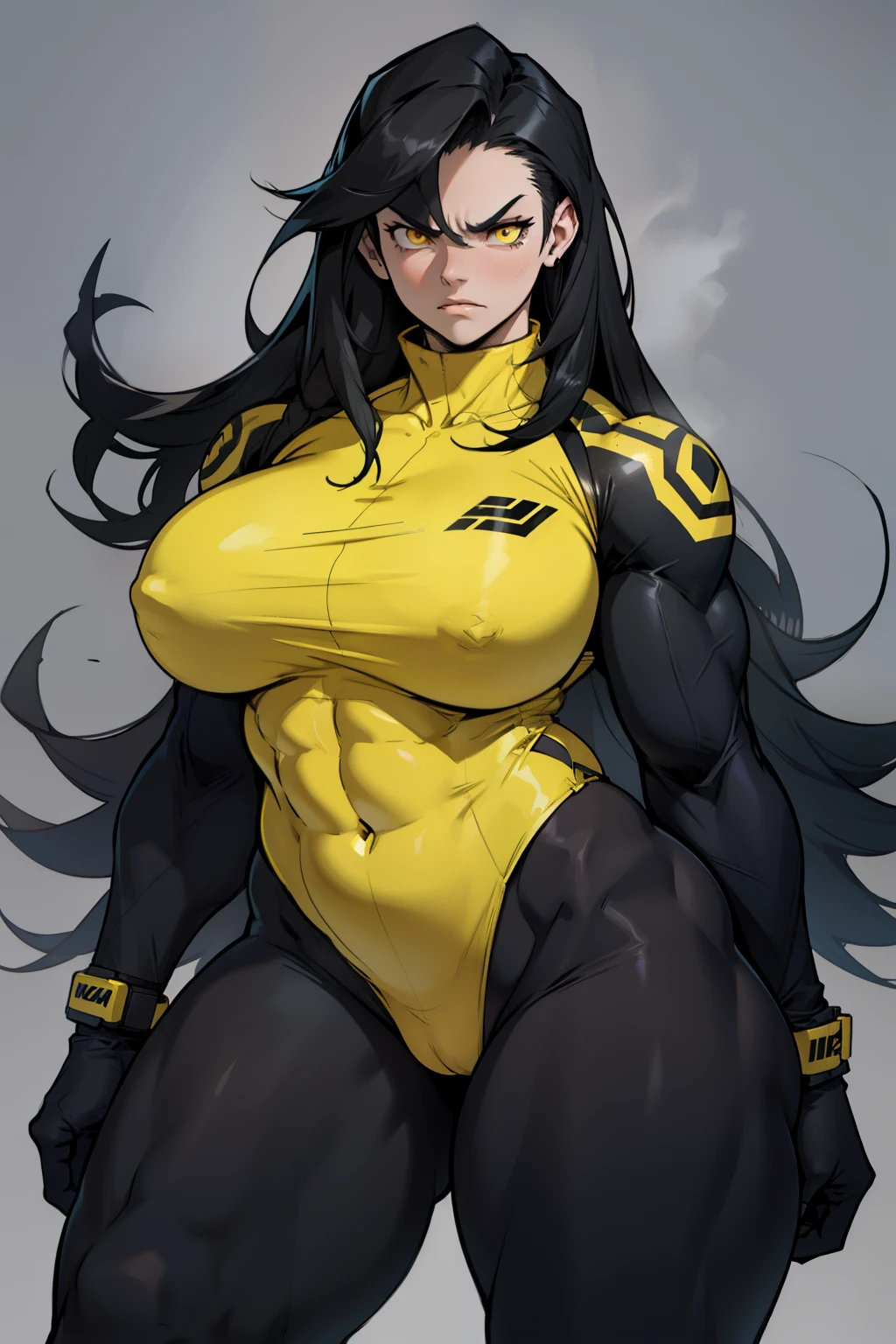 (bodybuilder huge breasts) pale skin yellow eyes black hair very long hair 1girl dark atmosphere thick thighs grey background tight clothes angry curvy thick thighs wide hips toned body
