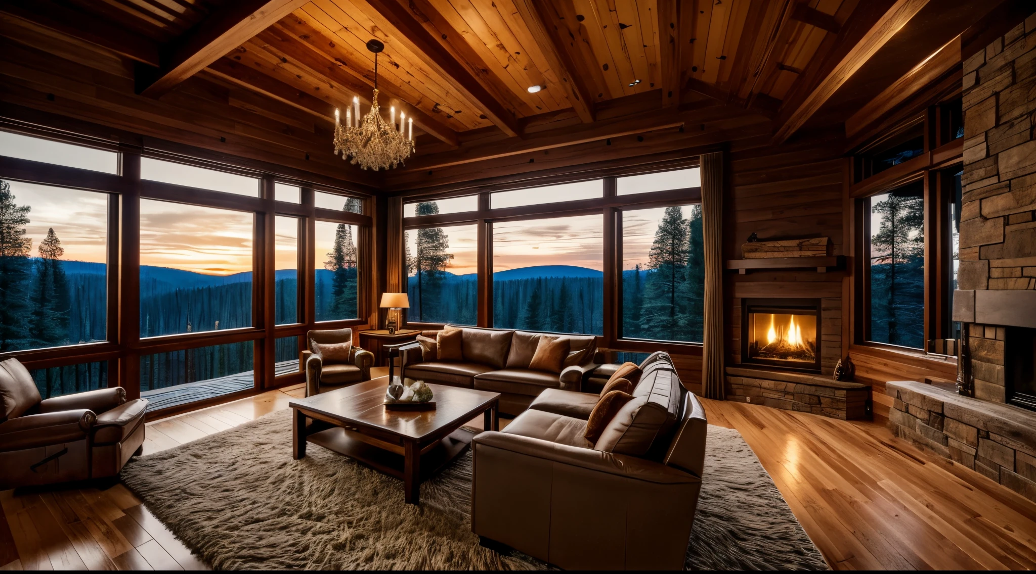Large cozy room with large windows overlooking the forest, in the corner of the room there is one fireplace, high resolution, fine details, the scene from afar, real, 8K, modern style, scene at night