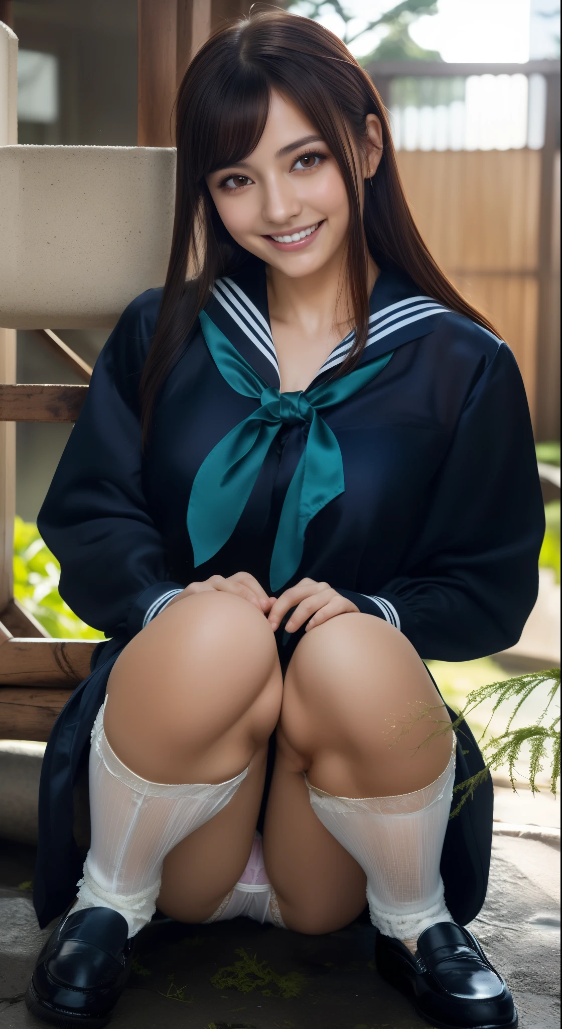 (very long hair:1.3),(big smile:1.3),(happy smile:1.3),(sexy panties:1.3),(white panties:1.2),(realistic silk panties:1.3),(double eyelids:1.3),(long eyelashes:1.3),Japanese school uniform,(Looking directly at Viewer:1.3),32K, masterpiece, Raw photo, Best Quality, Photorealistic, Highly detailed CG Unity 32K wallpaper,(Extremely beautiful face, Beautiful lips, Beautiful eyes, beautiful teeth), detailed teeth, intricate detailed face, ((Ultra detailed skin)) 1girl in, Cutest Pretty Japanese girl, Super idol, 1 girl,(Happy smile), Clear eyes, (pale skin), (Big eyes:1.2), (Brown hairs), thick thighs, ,balanced elegant face, drooping eyes