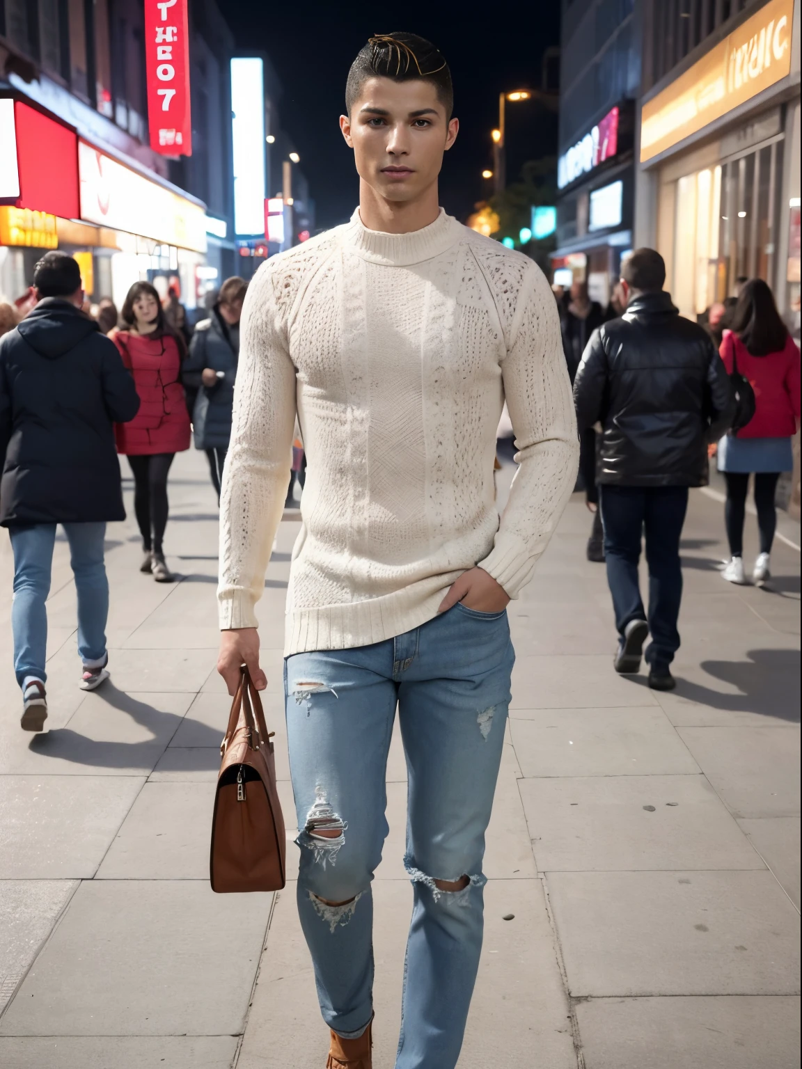 high-definition picture,(A Man: 1.4) cristiano ronaldo photo,him in casual clothes,Full body painting　Full-body high-definition drawing of a complexly patterned red sweater and denim,center of frame, Delicate images, Fine detail,  8K, awardwinning photo　In the crowd in the city